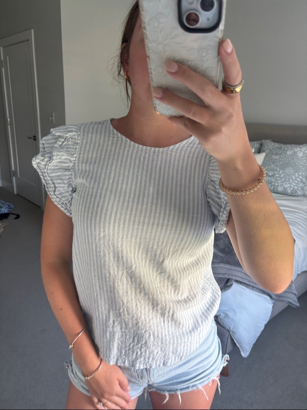 a new day Blue and White Striped Ruffle Sleeve Tee